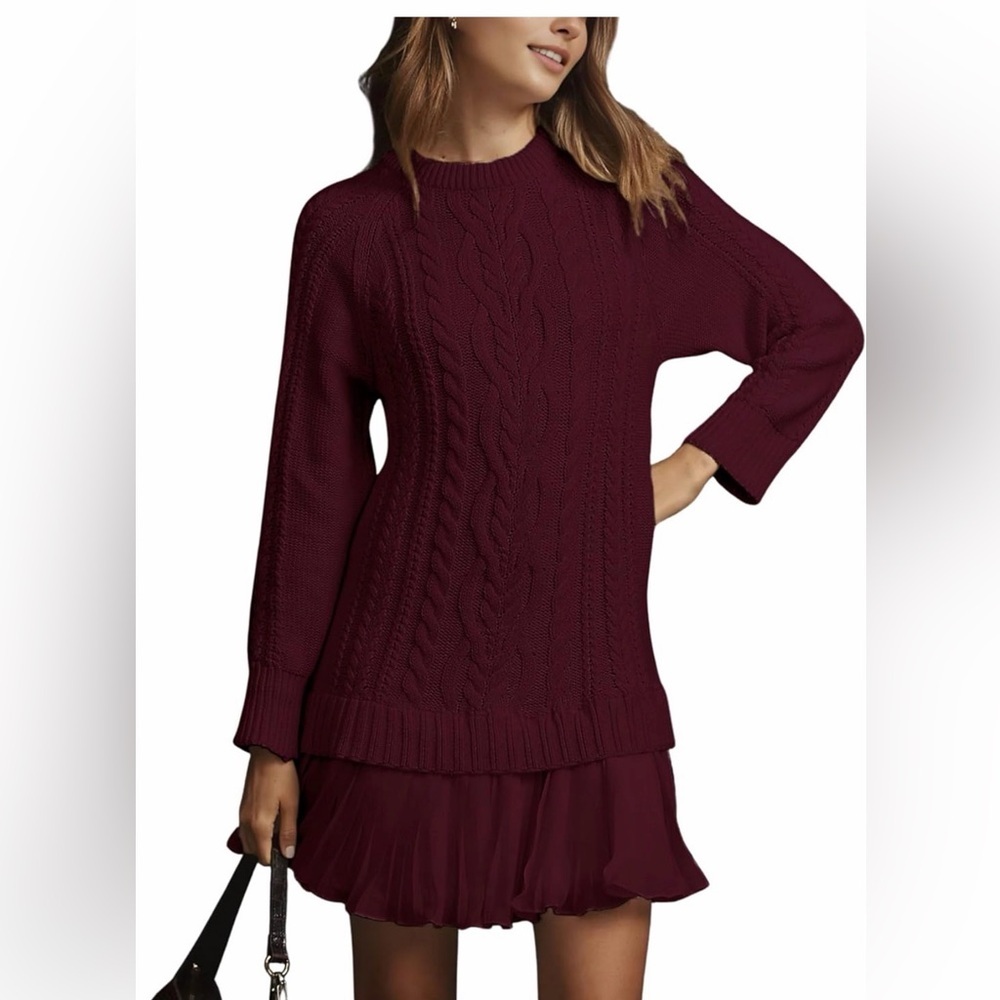 🆕Twofer Style Cable Knit Crewneck Long Sleeve Pleated Mini Dress